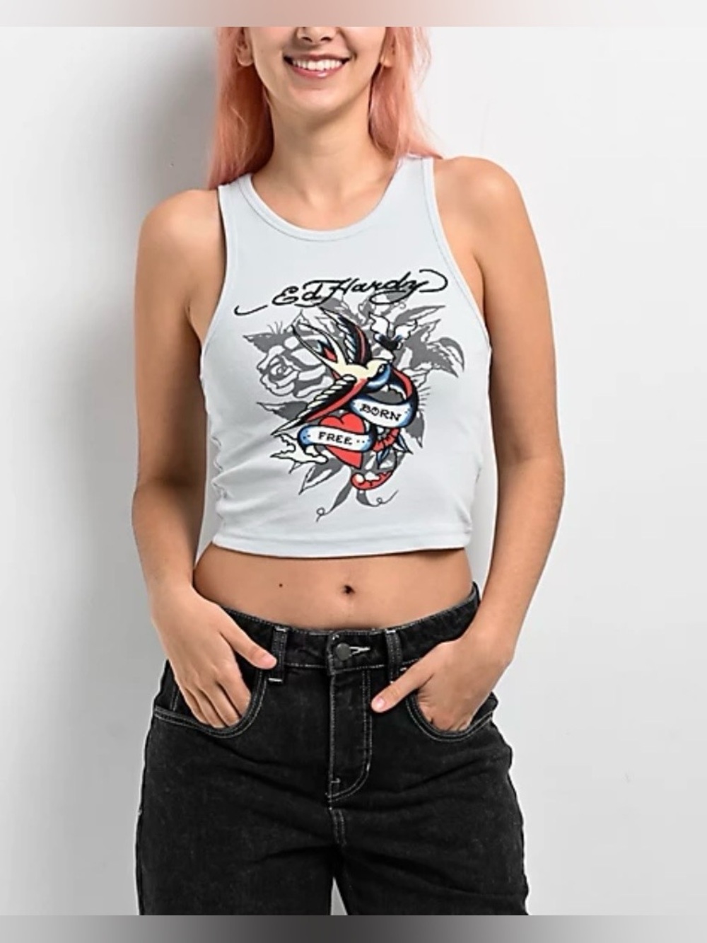 Ed Hardy White Cropped Tank with Tattoo-Inspired Heart & Swallow Graphic Medium